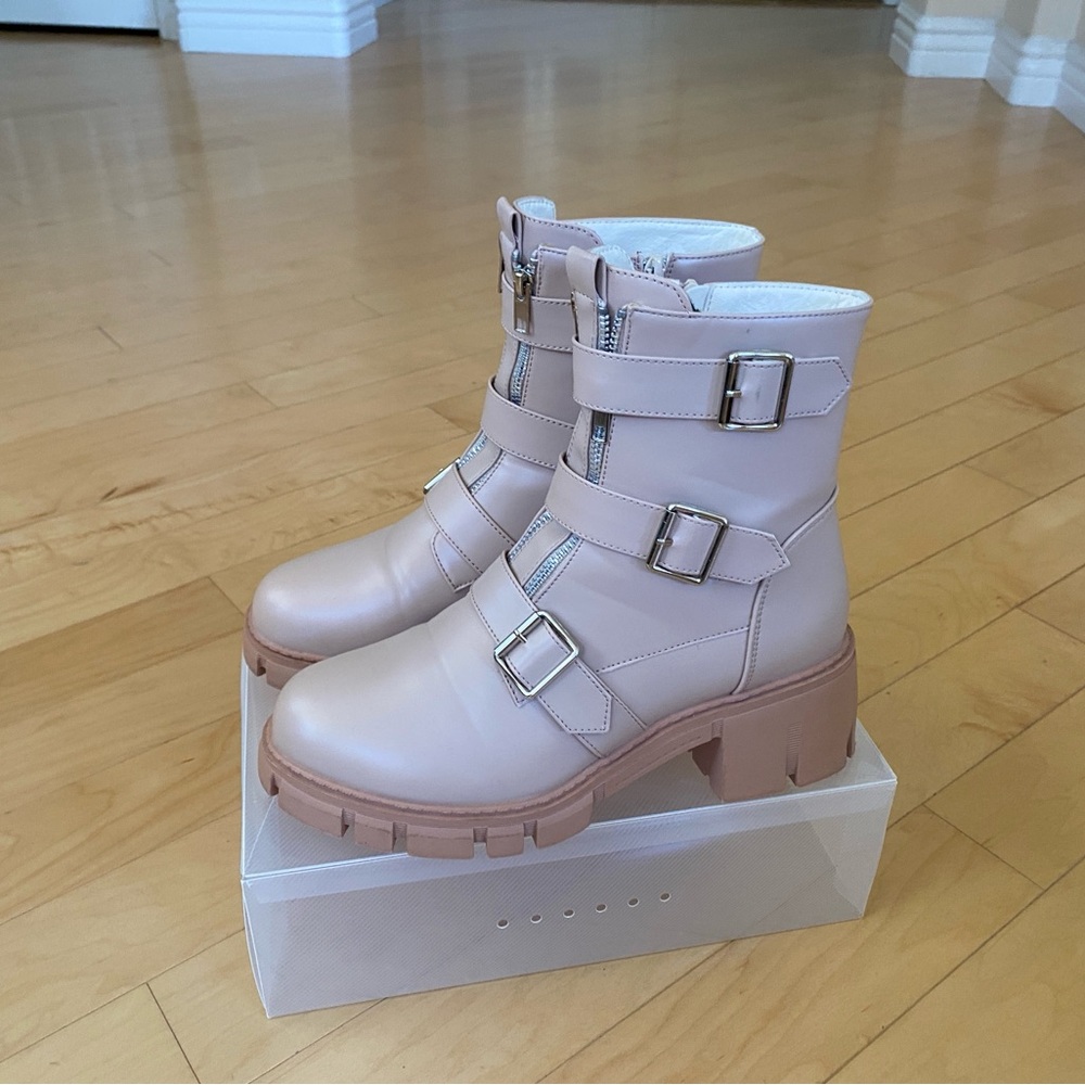 Stylish Beige Ankle Boots with Buckle Straps Zipper Design